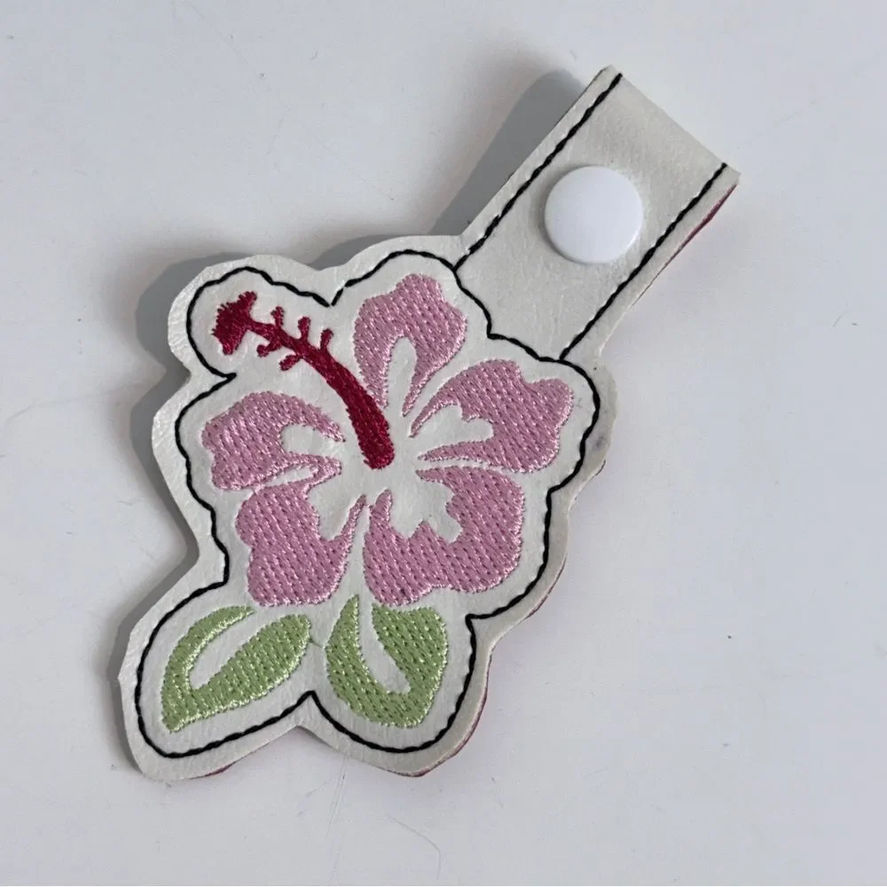 Pink Hibiscus Flower Embroidered Snap Tab Key Fob